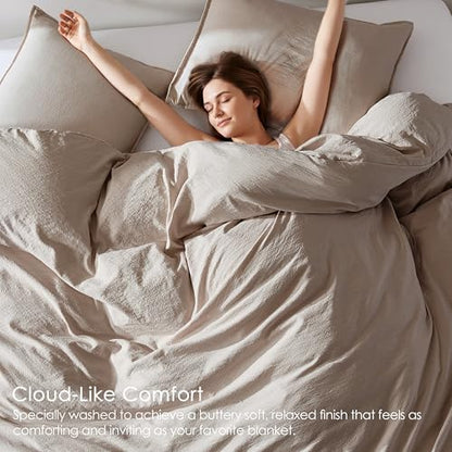 WDCOZY Dark Beige Twin Size Jacquard Duvet Cover Set with Zipper Closure, Modern Washed Soft Striped Bedding, Textured Seersucker Like Cotton Linen, 1 Duvet Cover and 1 Pillow Shams, No Comforter