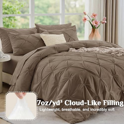 JOLLYVOGUE King Size Comforter Set 7 Pieces - Bed in a Bag King for All Season, Pintuck Bedding Comforter Sets with Comforter, Flat Sheet, Fitted Sheet and Pillowcases & Shams, Brown