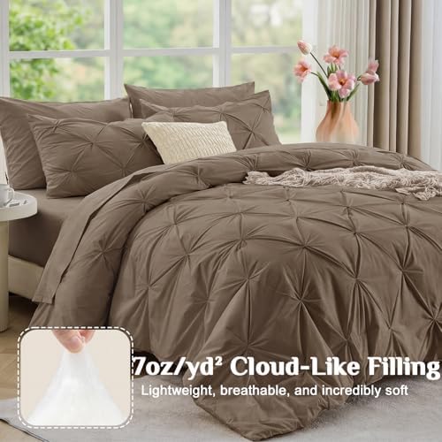 JOLLYVOGUE Twin Comforter Set 5 Pieces - Bed in a Bag Twin for All Season, Pintuck Bedding Comforter Sets with Comforter, Flat Sheet, Fitted Sheet and Pillowcases & Shams, Brown