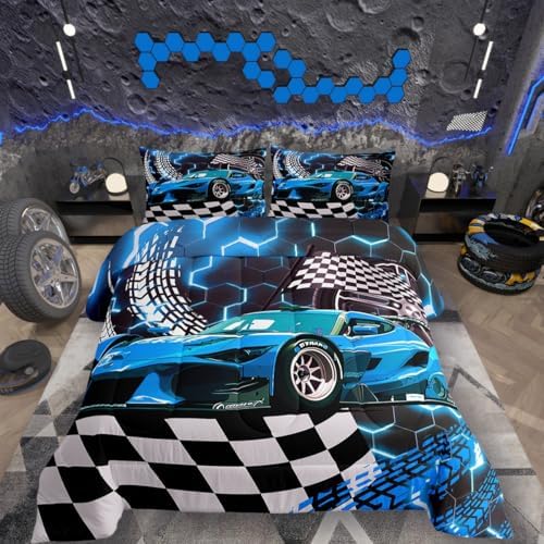 Toddler Race Car Bed for Boys,Teal Neon Lights Honeycomb Bedding Set Cool Sports Car Glitter Beehive Geometric Hexagon Comforter Set King,Black White Grid Lattice Quilt Buffalo Plaid Decor