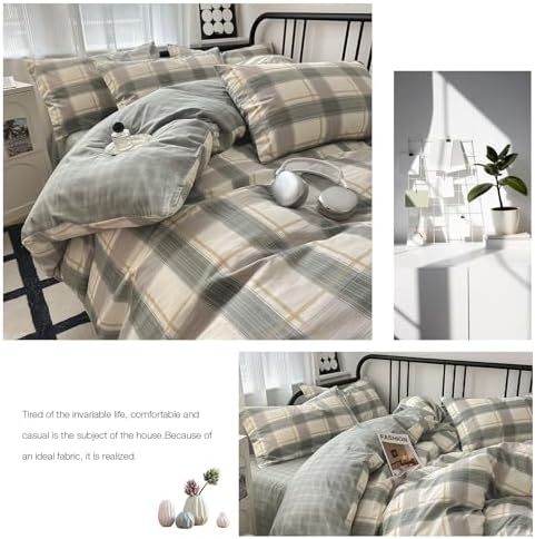 mixinni Green Grid Duvet Cover Set Twin - Vintage Buffalo Plaid Bedding Set-Green &Yellow&Beige, Soft Cotton Geometric Checkered Bedding Set with 2 Pillowcases for Boys, Girls, Teens