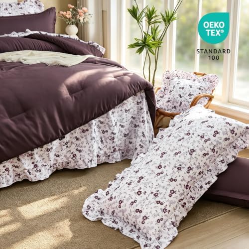 WONGS BEDDING 8PC Queen Comforter Set, Ruffle Comforter with Floral Sheets