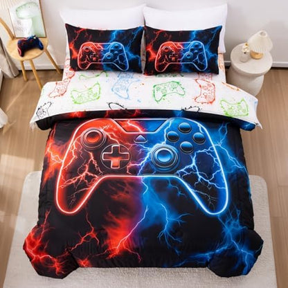 Meeting Story Gaming Bedding Set for Boys, 3D Game Controller Design with Lightning Background, Twin Gamer Bed Set, 5 Pieces Polyester Fiber Comforter Set Suitable for All Seasons(RedBlue)