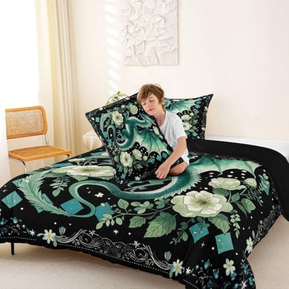 Feelyou Dragon Bedding Set Soft for Boys Girls, Magical Beast Comforter Set Queen Size Jungle Dragon Duvet Quilt Microfiber Wild Animal Bedroom Decor Fantasy Animal 3 Pcs with 2 Pillow Cases