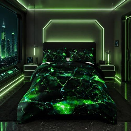Nttopship Green Comforter Set Twin Size，Green Marble Bedding Set 3 Pcs Bedding for Adults, Marble Room Decor with Comforter and 2 Pillowcases Soft and Lightweight B-Side Black
