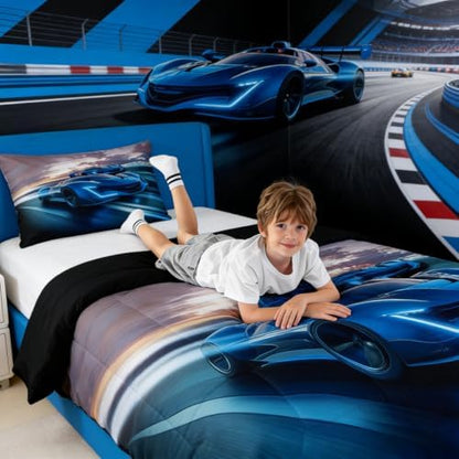 Erosebridal King Size Comforter Set for Boys Race Car Bedding Bedroom Decor, Sports Car for Boys Girls Teen Kids Children Car Racing Gifts, Race Cars Bed Set,Blue Black