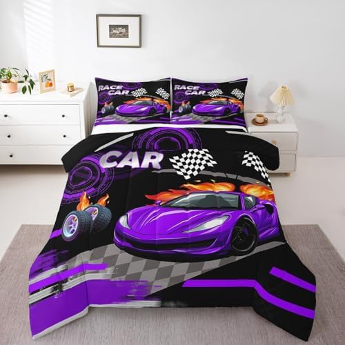 Feelyou Kids Purple Race car Comforter Set Queen Size Speed Sports Car Bedding Set Boys Girls Automobile Racing Car Quilt Set Extreme Sports Theme Bed Set