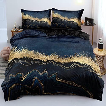 Dark Blue Marble Duvet Cover Set Queen Size Golden foil Bedding Comforter Covers Marbling Bed Set with 2 Pillow Shams Breathable Durable Soft Comfy