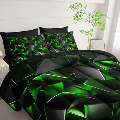 Nttopship Black and Green Geometric Comforter Set Twin Size 7PCS,Abstract Triangular Printed Bedding Set for Adults,Geometric Mordern Art Decor All Seasons with Pillowcases,Flat, Fitted Sheet