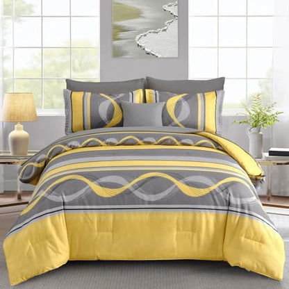 Anibedding Yellow Comforter Set California King Size,8 Pieces Bed in a Bag Patchwork Striped Bedding Sets,Boho Soft Microfiber Bedding Set for All Season(104"×96")