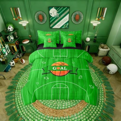 Erosebridal Green Boys Kids Ball Games Boys Basketbal King 7-Piece Comforter Set | Sports Theme Gaming Pattern Sheets and Pillowcases Geometric Bed in A Bag Playground Bed Sets