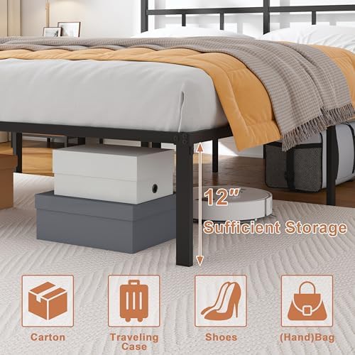 OSASET Queen Bed Frame with Headboard - 14 Inch Queen Bed Frame Metal Bed Frame Queen Size No Box Spring Noise Free Easy Assembly