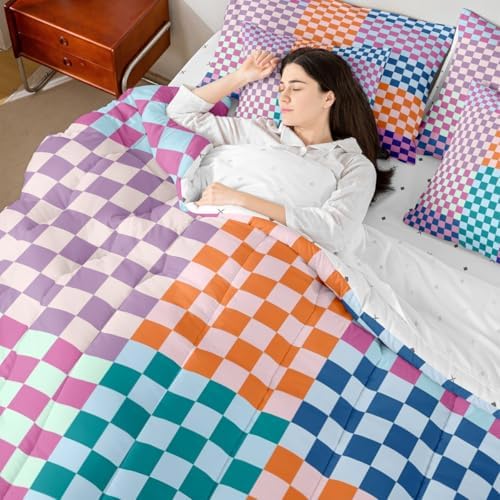 jejeloiu Teal Purple Orange Bedding Set 7Pcs Queen Size Kids Plaid Checkered Comforter Set with Sheets for Boys Girls Classic Grid Buffalo Check Bed in a Bag Soft Lightweight,Microfiber