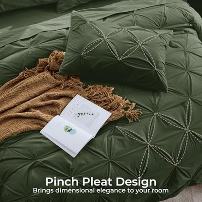 Sasttie Twin Comforter Set, 5-Piece Bed in a Bag, Pintuck Bedding Sets for All Season, Includes Comforter, Flat Sheet, Fitted Sheet, Pillowcase and Pillowsham, Dark Green