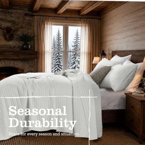 DOWN HOME Twin Quilt Bedding Set with Sham, Vintage Washed Soft Quilted Blanket Thin Comforter Lightweight Bedspread Coverlet Bed Cover, Brushed Microfiber Stripe Stitching, Snow White, 66"x92"