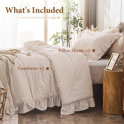 JOLLYVOGUE Oversized Queen Comforter Set, 3 Pieces Beige Seersucker Comforters, Lightweight & Fluffy Bedding Sets for All Season with 1 Ruffle Comforter and 2 Ruffle Pillowshams