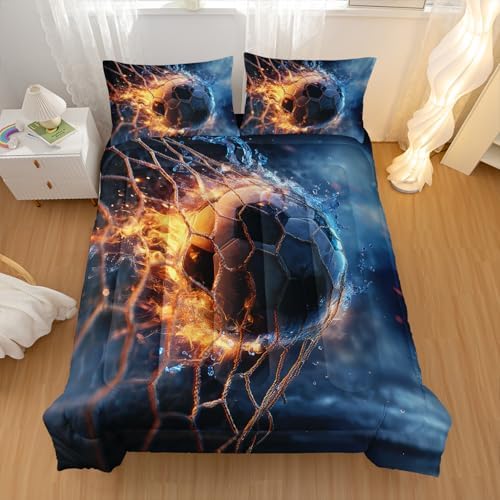 Nttopship Sports Soccer Comforter Set Full Size,Fireball Soccer Ball Bedding Sets 3PCS for Kids Teen Adult Sports Room Decor Ultra-Soft Lightweight Microfiber 1 Comforter with 2 Pillowcases