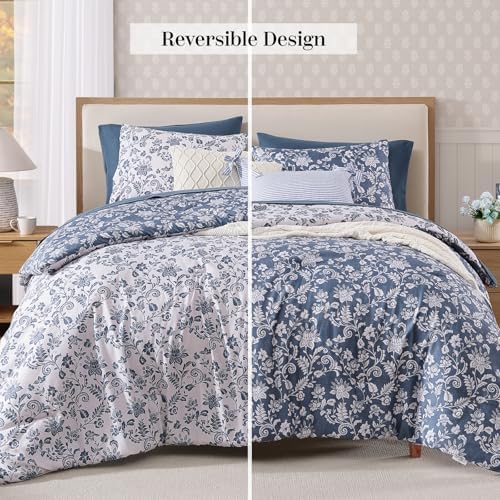 BLOOMHAVEN King Size Comforter Set-7 Pieces Blue Floral Bed in a Bag King