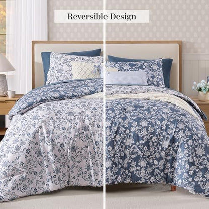 BLOOMHAVEN King Size Comforter Set-7 Pieces Blue Floral Bed in a Bag King