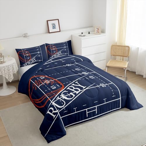 Erosebridal Kids Sports King Size Comforter Set for Boys Soccer Bedding Set, Navy Reversible Down Comforter Ball Game Bed Set, Rugby Field Quilted Duvet, Lightweight Cozy
