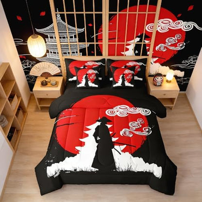 Erosebridal Samurai Comforter Set Sunset Print Bed in A Bag King Size 7 Pieces Japanese Ukiyoe Bed Set Room Decor Building Silhouette Bedding with Sheets