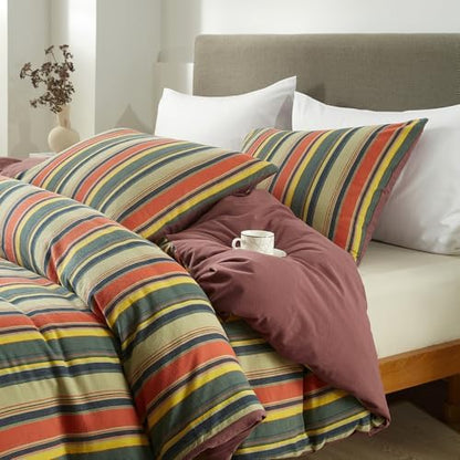 mixinni Twin XL Size Comforter Set 3 Pieces, Vintage Colorful Striped Washed Cotton Reversible Comforter with 2 Pillowcases, All Season Lightweight Bedding for Women & Men, Retro Mid-Century Style