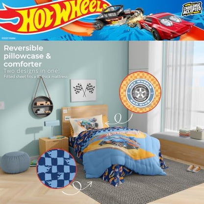 Hot Wheels Race Track 4 Piece Toddler Bed Set – Super Soft & Cozy Reversible Microfiber Comforter and Sheets (Officially Licensed Product) by Franco