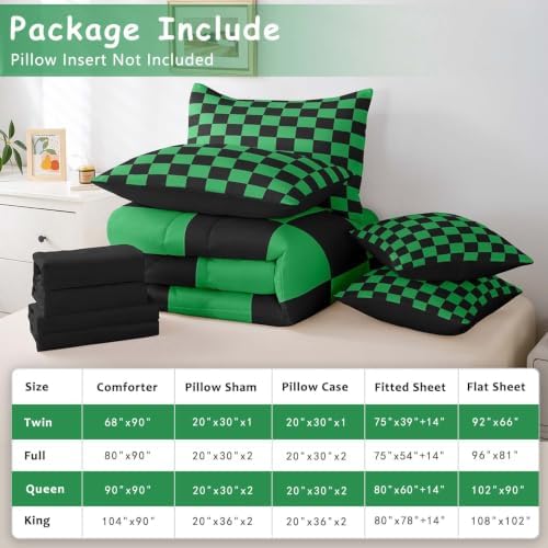 Feelyou Checkered 7 Piece Bedding Set Teen Green Black Plaid Comforter Set with Sheets Queen Size Kids Boys Cute Retro Neutral Checkerboard Geometric Bed in a Bag Vintage Aesthetic Room Decor