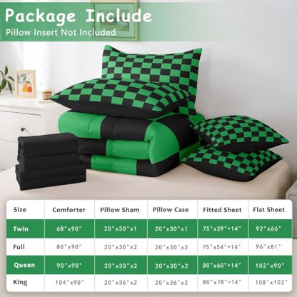 Feelyou Checkered 7 Piece Bedding Set Teen Green Black Plaid Comforter Set with Sheets Twin Size Kids Boys Cute Retro Neutral Checkerboard Geometric Bed in a Bag Vintage Aesthetic Room Decor