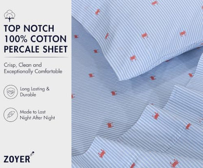 ZOYER 100% Cotton Sheets – Twin Size Percale Bedding, Cooling & Breathable, Durable with a Crisp, Soft & Comfortable Feel, 16" Deep Pocket, 3-Piece Set, Crab Stripe