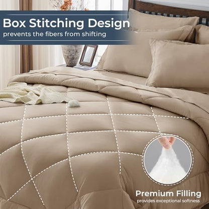HEVUMYI 7-Piece Queen Comforter Set, Khaki Bed in a Bag