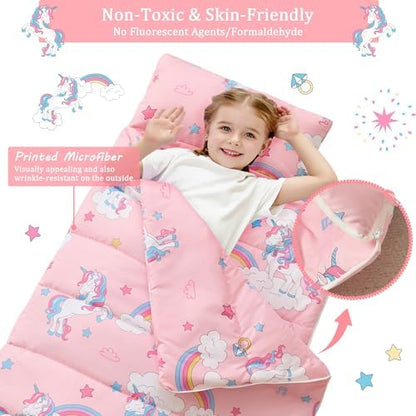 Toddler Nap Mat for Preschool 50''x30'' Sleeping Mat with Removable Pillow and Minky Blanket for Kids Ages 3-7 Roll Up Soft Sleeping Bag for Boys Girls Kindergarten Daycare Sleepover