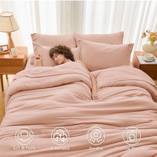 MUXHOMO 7 Pieces Oversized King Comforter Set, Soft Bed in a Bag Oversized King Size, All Season Bedding Set with Comforter, Flat Sheet, Fitted Sheet, Pillowcases & Shams, Rose Gold