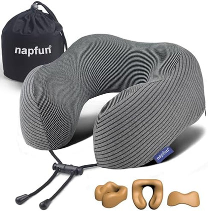napfun Neck Pillow for Travel, Memory Foam Airplane Pillow, Dark Gray
