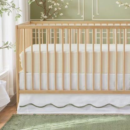 Brandream Scallop Edge Cotton Crib Skirt Toddler Bedskirt Baby Nursery Crib Bed Skirt Double Layer Boho Bohemian Neutral Solid Color Cream Off White with Sage Green Edge Farmhouse Chic Skirt