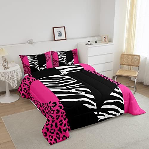 Castle Fairy Girls Leopard Zebra Comforter Set Queen Size Pink Wild Animals Fur Bedding Sets 3pcs for Kids Women Youth Room Decor Romantic Heart Abstract Quilted Duvet Patchwork Bedspread