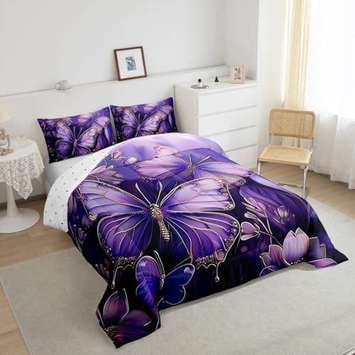 jejeloiu Purple Butterfly Comforter Set King Size Kids Floral Flower Bedding Set for Boys Girls Teens Boho Butterfly Duvet Breathable Animal Quilt Bedroom Decor,1 Comforter with 2 Pillowcase