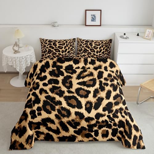 Black Brown Leopard Print Comforter Set Women Cheetah Printed Bedding Set Men Africa Animal Wildlife Duvet Set for Kids Girls Teens Bedroom Decor Luxury Home Hotel Room Soft Comforter King Size 3Pcs