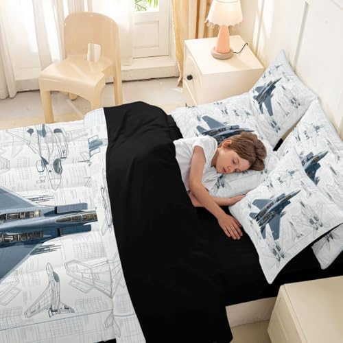 Erosebridal 7 Pcs Fighter Aircraft Full Comforter Set for Kids Boys Military Jet Bedding Set with Sheets Hand Drawn Grid Aircraft Bed in A Bag Modern Flying Airplane Bed Sets for Plane Lovers