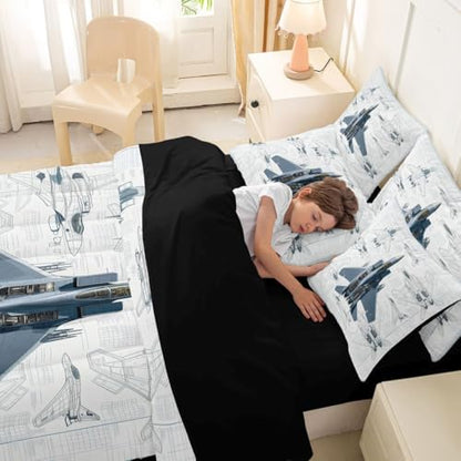 Erosebridal 7 Pcs Fighter Aircraft Full Comforter Set for Kids Boys Military Jet Bedding Set with Sheets Hand Drawn Grid Aircraft Bed in A Bag Modern Flying Airplane Bed Sets for Plane Lovers