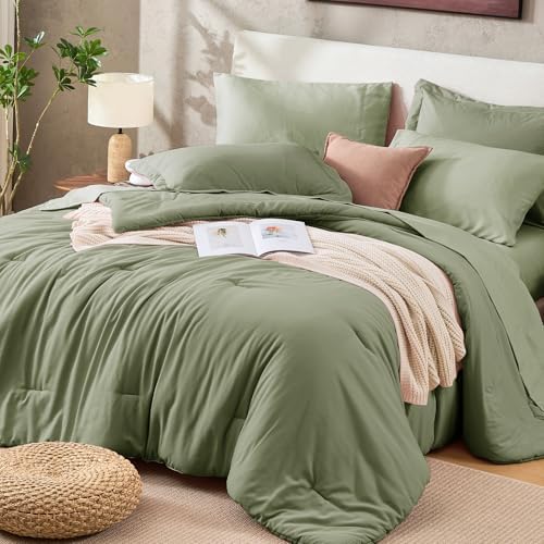 Sasttie Queen Comforter Set 7-Piece Sage Green, Pre-Washed Bed in a Bag