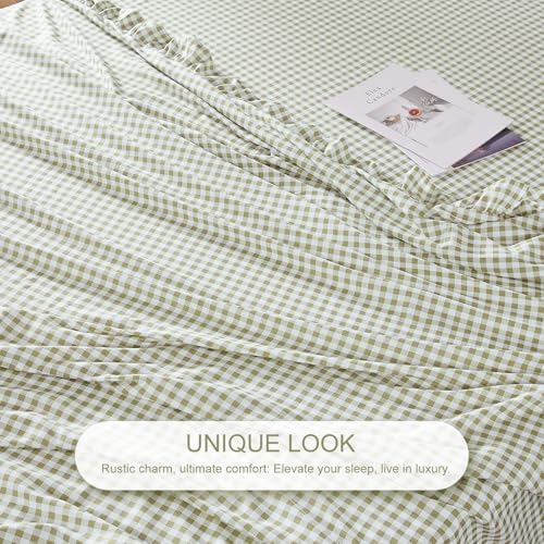 Gingham King Sheet Set, Lightweight Super Soft Brushed Microfiber Plaid Bed Sheets with 16" Deep Pocket, 4 Piece Ruffle Farmhouse Bedroom Decor, Sage Green