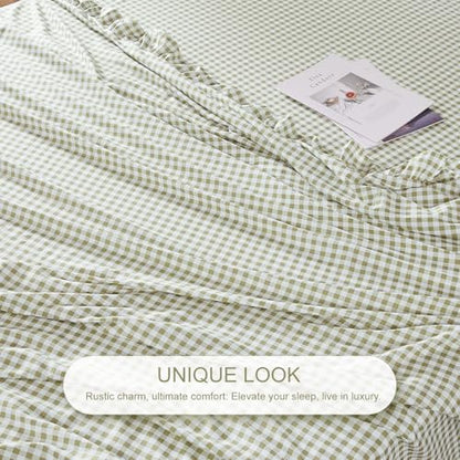Gingham King Sheet Set, Lightweight Super Soft Brushed Microfiber Plaid Bed Sheets with 16" Deep Pocket, 4 Piece Ruffle Farmhouse Bedroom Decor, Sage Green