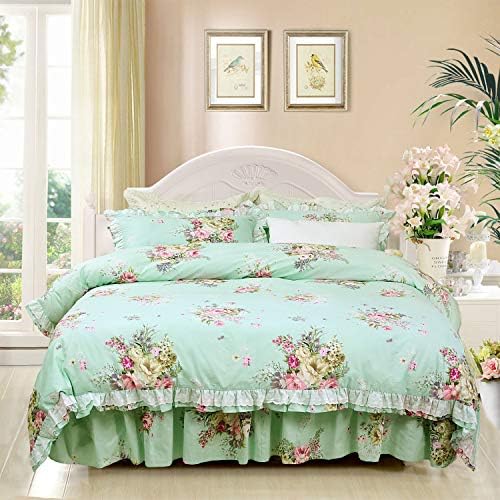 FADFAY Shabby Green Floral Bedding 100% Cotton Princess Lace Ruffle Girls Duvet Cover Set with Bedskirt, 4Pcs, Twin Size