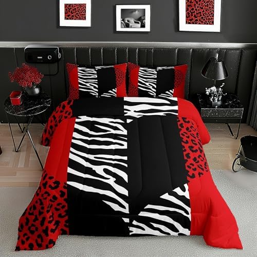 Leopard Zebra Comforter Set King Size,Wild Animals Skin Bedding Set 3pcs for Teens Adults Room Decor,Red Black Geometric Striped Heart Quilt Set Romantic Microfiber Duvet Insert with 2 Pillowcases