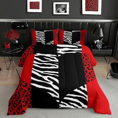 Leopard Zebra Comforter Set Twin,Wild Animals Skin Bedding Set 2pcs for Teens Adults Room Decor,Red Black Geometric Striped Heart Down Comforter Romantic Microfiber Duvet Insert with 1 Pillowcase