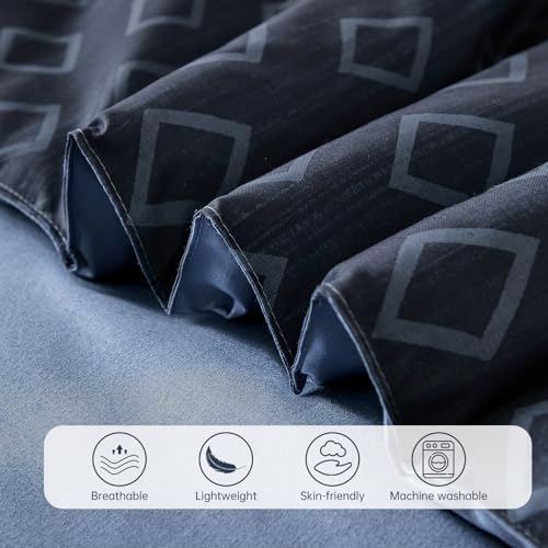 Cottolester Queen Comforter Set,Mineral Blue Boho Striped Bed in a Bag,