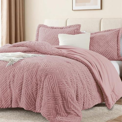 Homelike Moment Fleece Queen Comforter Set, Fluffy Bed Set 3 Piece Pink