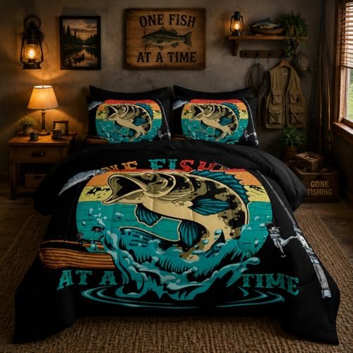 Nttopship Big Pike Fish Comforter Set Full Size 7 PCS,Bass Fishing Comforter Set for Boys Girls Children Fishing and Hunting Room Decor,Microfiber Lightweight All Season