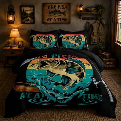 Nttopship Big Pike Fish Comforter Set Full Size 7 PCS,Bass Fishing Comforter Set for Boys Girls Children Fishing and Hunting Room Decor,Microfiber Lightweight All Season